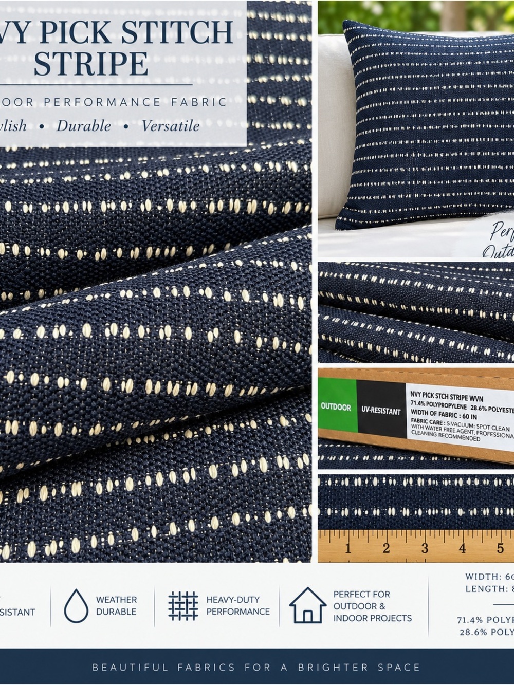 Navy Pick Stitch Stripe Fabric 2.71 yards